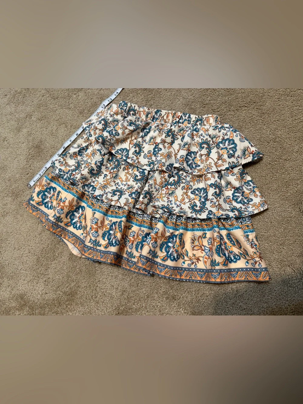 SHEIN Floral Tiered Ruffle Mini Skirt in Cream, Blue, and Tan